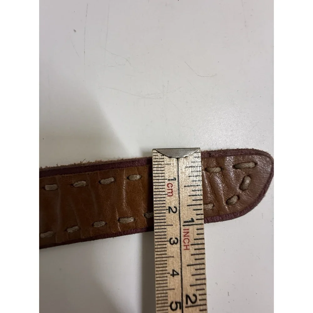 Wide Brown Leather Contour Waist Belt Brass Buckle Whipstitch Boho Western